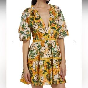 Farm Rio Nwt Biriba Mix Mini Dress Tropical Crochet Laches Tiered Yellow Size M
